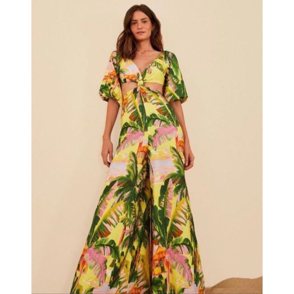 Farm Rio Tropical Palm Print Cutout Wide Leg Jumpsuit Puff Sleeve Womens Small